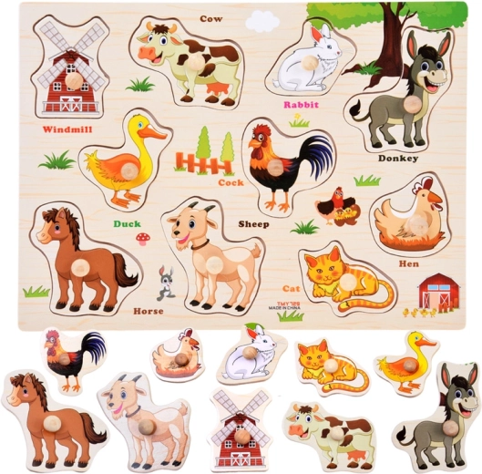 Dřevěné puzzle farma s úchyty a anglickými slovíčky – 10 dílků