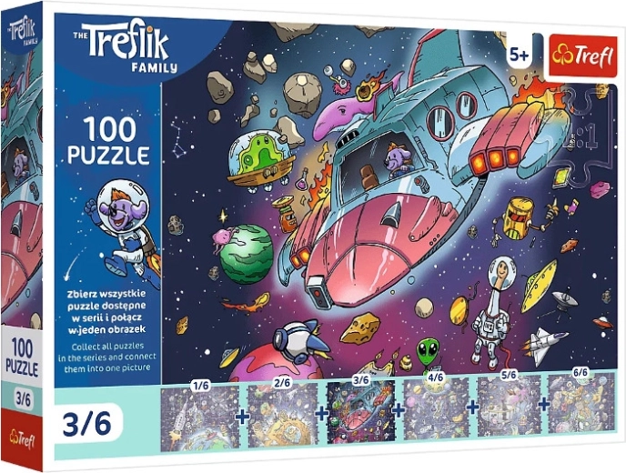 Puzzle Trefl Rodina Trefliků v kosmu: Gonduś v raketě – 100 dílků