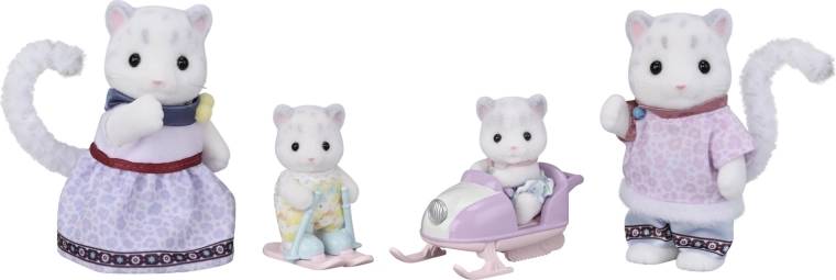 Sylvanian Families rodina sněžných levhartů se sněžným skútrem a lyžemi