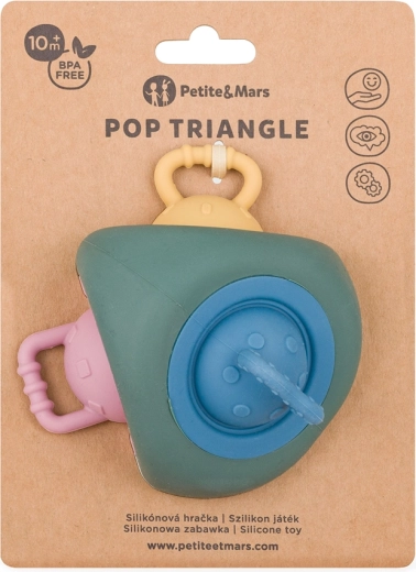Silikonová senzorická hračka a kousátko PETITE&MARS Pop Up Triangle Misty Green 10m+