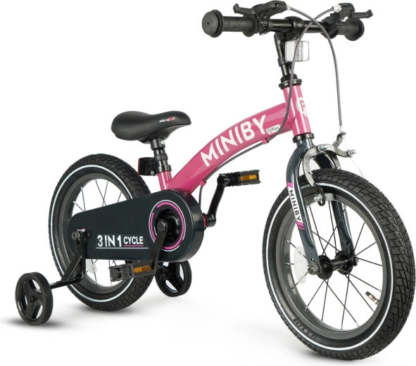 Qplay Miniby 3v1 dětské kolo 14" růžové