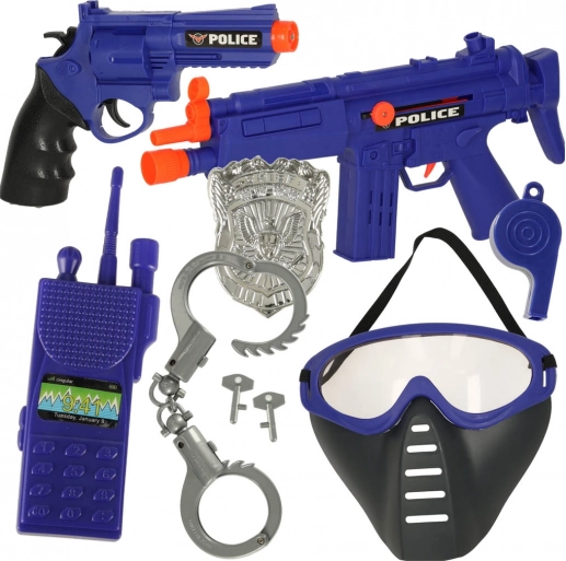 Policejní hrací sada s pistolí, karabin, maskou a pouty