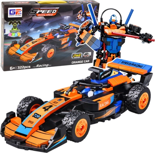 Stavebnice 2v1 oranžové závodní auto a robot, 322 dílků