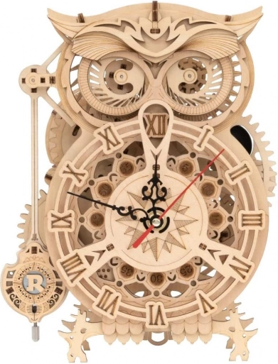 3D dřevěný mechanický puzzle Soví hodiny