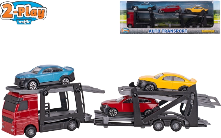 Přepravník aut 1:60 s odnímatelným přívěsem a 3 autíčky