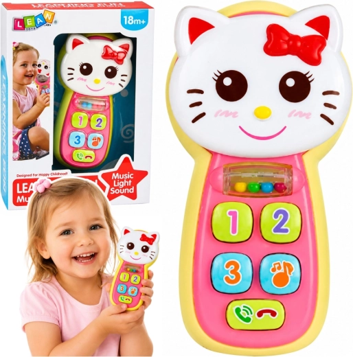 Interaktivní dětský telefon kočička se světly, zvuky, zrcátkem a chrastítkem