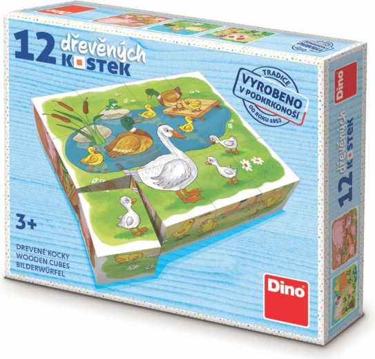 dino dřevěné obrázkové kostky na farmě – 12 kostek