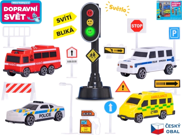 Sada autíček s dopravními značkami a semaforem se světlem, 4 ks