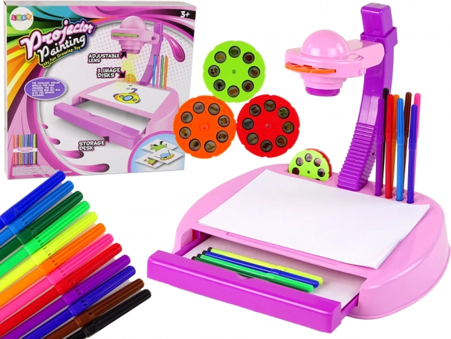 Dětský projektor stolní růžový na kreslení s fixy a úložným prostorem