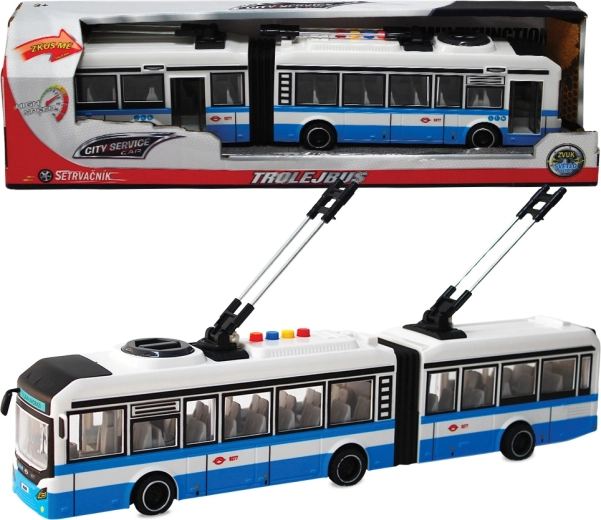 Kloubový trolejbus 1:16 modrý se zvuky na setrvačník