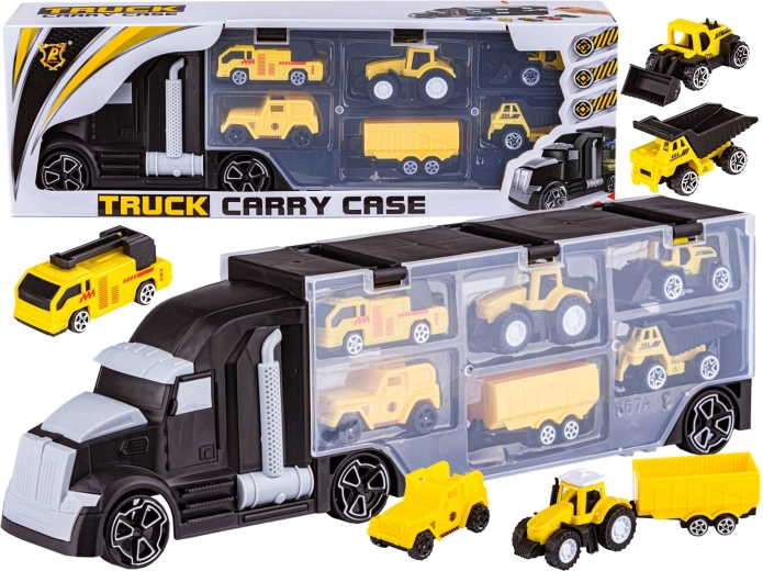 Černý kamion transportér s otevírací vlečkou a mini stavebními vozidly 6 v 1