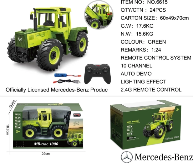 Dálkově ovládaný zelený traktor Mercedes-Benz 1:24