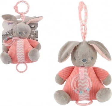 Plyšový zajíček s natahovacím hracím strojkem a chrastítkem, růžový (18 × 20 cm)