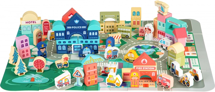 Dřevěné vzdělávací město s podložkou 121 ks Ecotoys