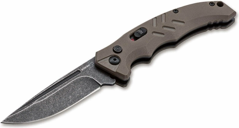 Automatický taktický nůž Böker Plus Intention II Coyote, D2, stonewash, G10