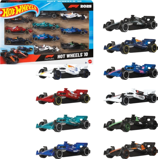 Hot Wheels sada 10 monopostů Formule 1 2025 v měřítku 1:64 - 10 ks