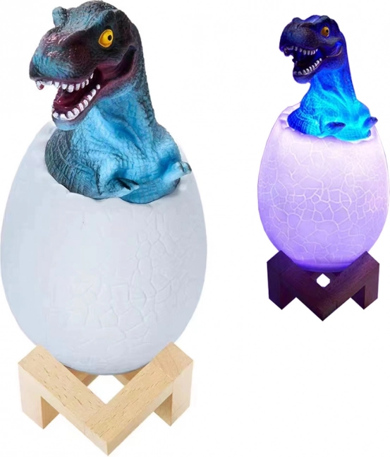 Noční RGB lampička dinosaurus v vejci s dřevěným stojánkem