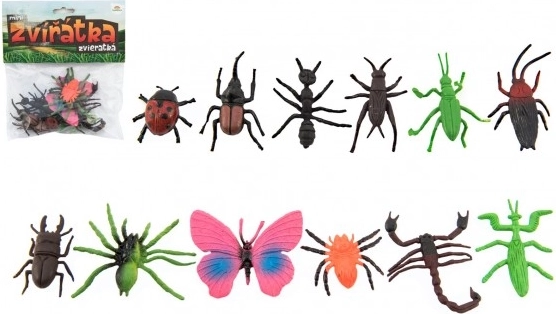 Mini plastová zvířátka a hmyz 12 ks