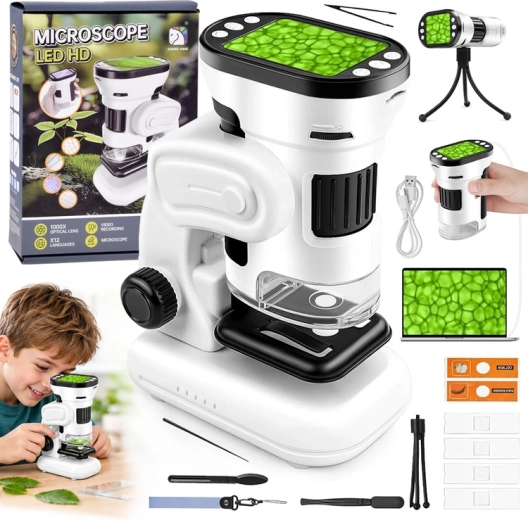 Digitální mikroskop pro děti 1000× s 2" displejem, LED a kamerou (polské menu)