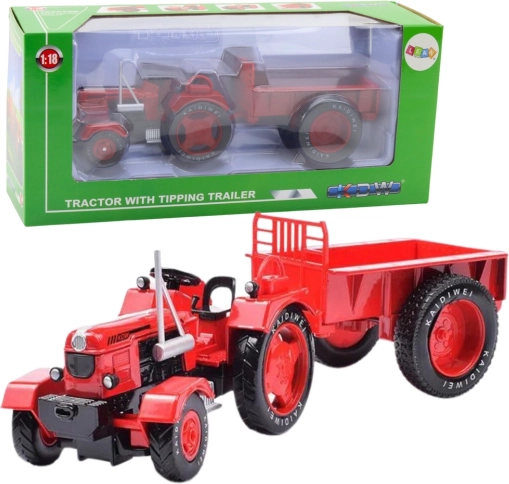 Kovový červený traktor s přívěsem 1:18