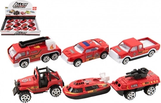 Auto hasiči kovové/plastové 7 cm na setrvačník, mix druhů, 12 ks v boxu