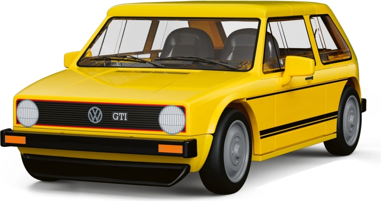 Výrazný žlutý GTI s pohyblivými koly
