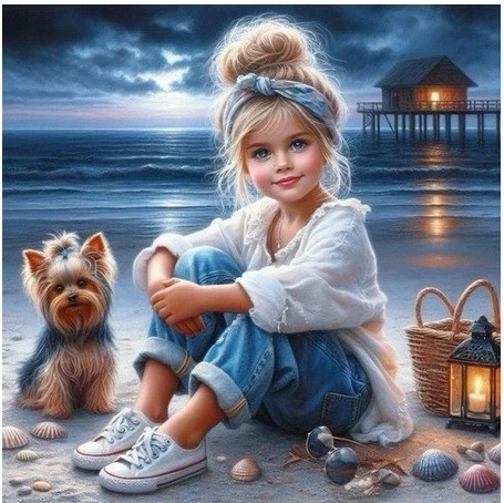 Diamentová mozaika Dívka s pejskem na pláži