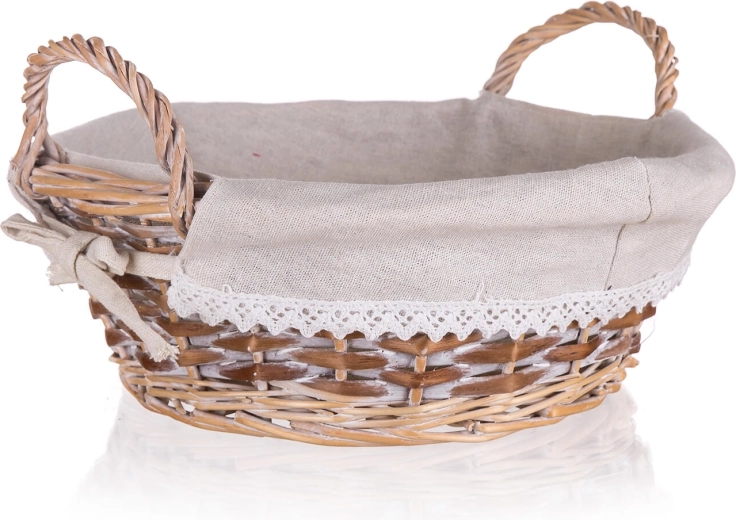 Proutěný kulatý košík Duo s uchy 30 × 11 cm, hnědobílý, krajkový lem