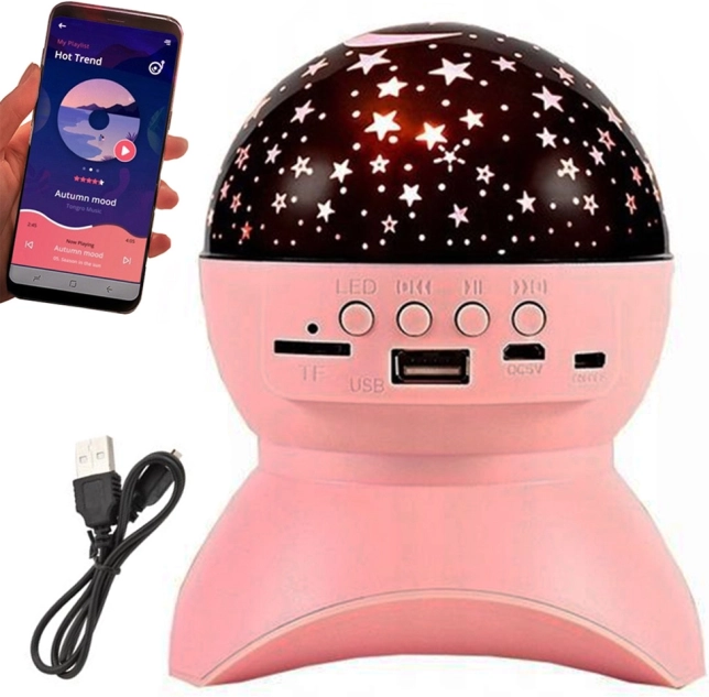 Hvězdný projektor a noční lampička s bluetooth reproduktorem, usb a led – růžová