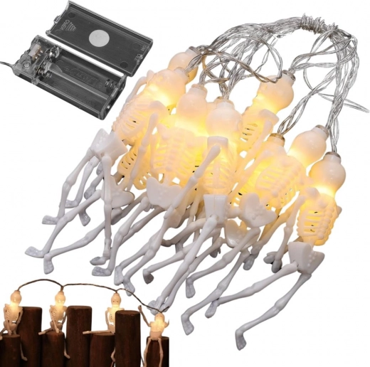 LED halloweenský světelný řetěz kostlivci 2 m, 10 závěsů, teplá bílá