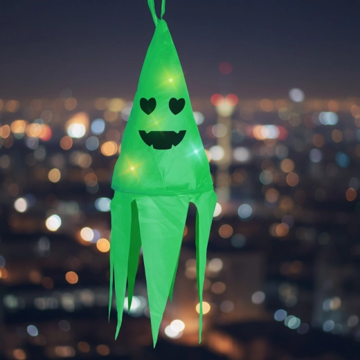 Závěsná svítící halloweenská dekorace duch zelená