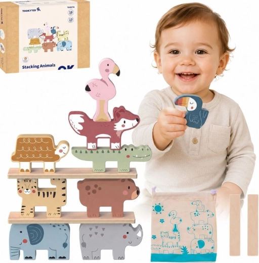 Dřevěná balanční hra se zvířátky TOOKY TOY, 13 dílků