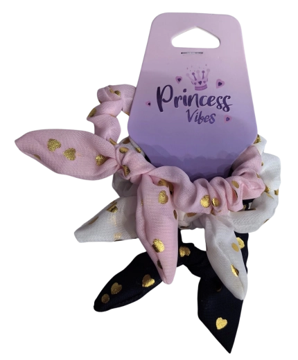 PINK sada gumiček do vlasů scrunchie s mašlí a zlatými srdíčky - 3 ks