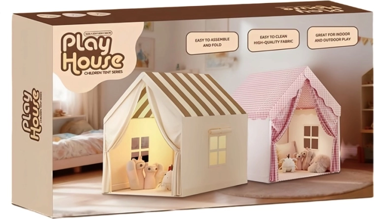 Dětský skládací stan domeček do pokoje béžový s pruhovanou střechou
