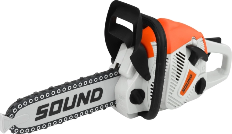 Motorová pila se zvuky a otáčejícím se řetězem