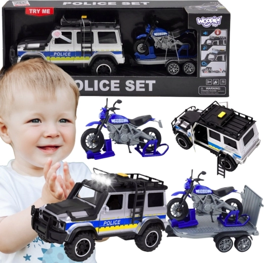 Woopie policejní terénní vůz s přívěsem a motorkou