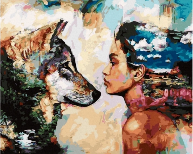 Obraz k malování podle čísel 50 × 40 cm Pohled – vlk a žena