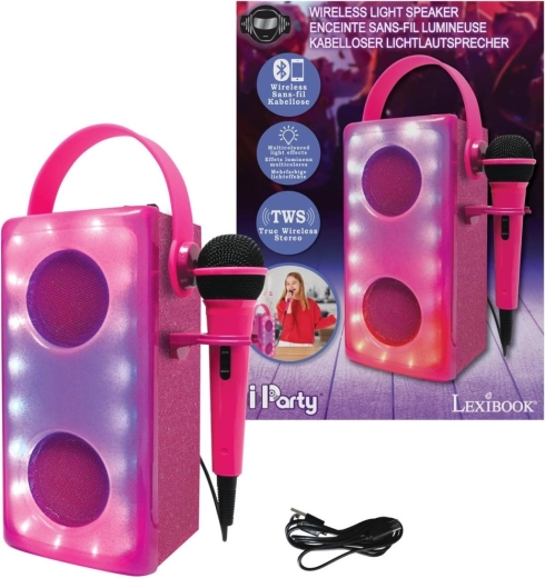 Růžový karaoke bluetooth reproduktor s mikrofonem LEXIBOOK iParty se světelnými efekty