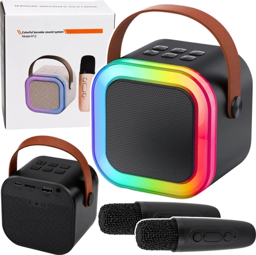 Bezdrátový karaoke set K12 – bluetooth reproduktor se dvěma mikrofony a LED světly (černý)