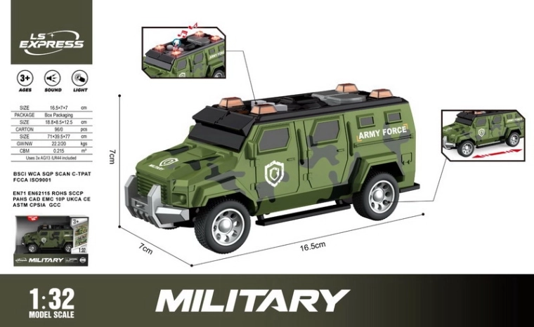 Vojenské auto se světelnými a zvukovými efekty 16,5 cm
