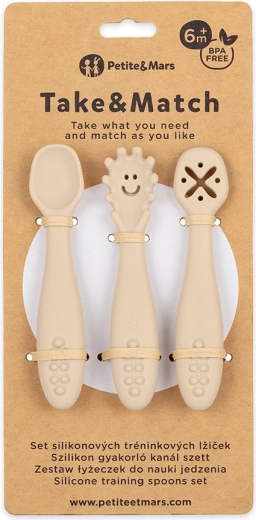 Petite&Mars sada 3 silikonových tréninkových lžiček Take&Match desert sand 6m+