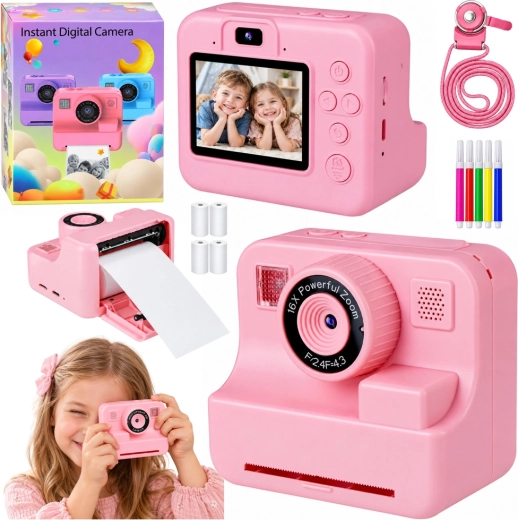 Dětský digitální fotoaparát s okamžitým tiskem růžový