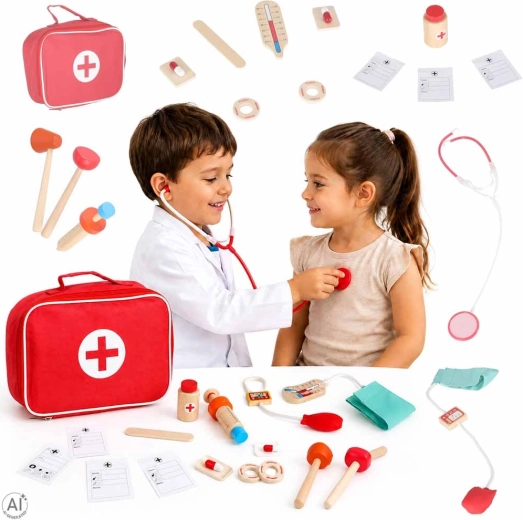 Dřevěná sada doktora s lékařskou taškou pro děti