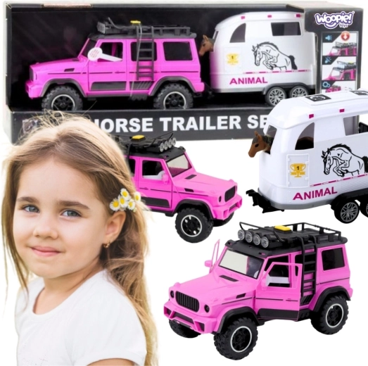 Woopie růžové terénní auto s přívěsem pro koně a figurkou koně