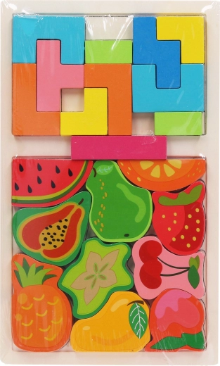 Dřevěná vkládačka tvary a ovoce 17 × 28 cm