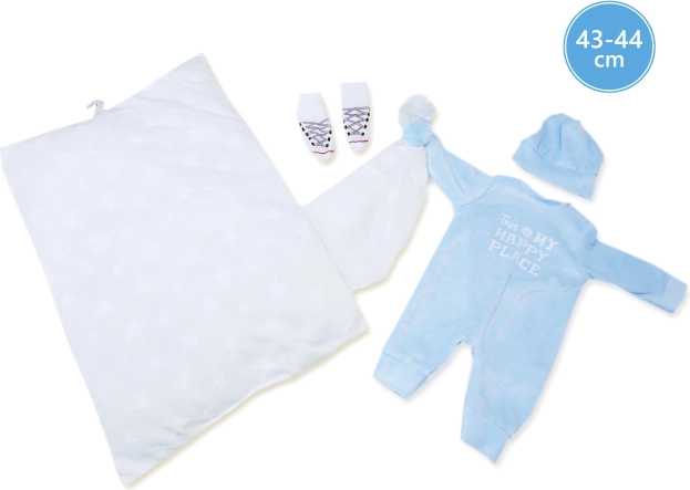 Llorens obleček pro panenku New Born 43–44 cm, 3dílná sada s polštářkem a muchláčkem