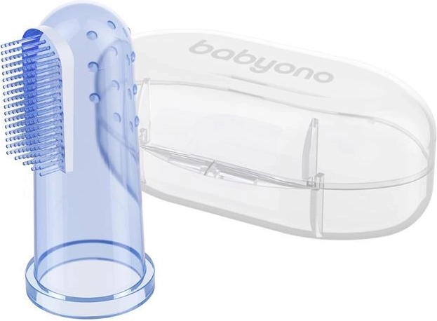 BabyOno silikonový prstový zubní kartáček s pouzdrem modrý