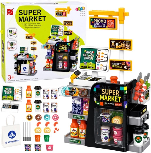 Dětský supermarket s pokladnou, skenerem a dávkovačem nápojů (65 dílů)