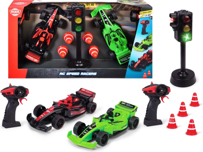 Dickie RC Speed Racers – sada dvou závodních aut na dálkové ovládání se světelnou signalizací a kužely