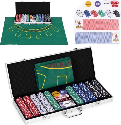 Poker a Blackjack sada – 500 žetonů, 2 balíčky karet, kostky, hrací podložka, uzamykatelný kufřík